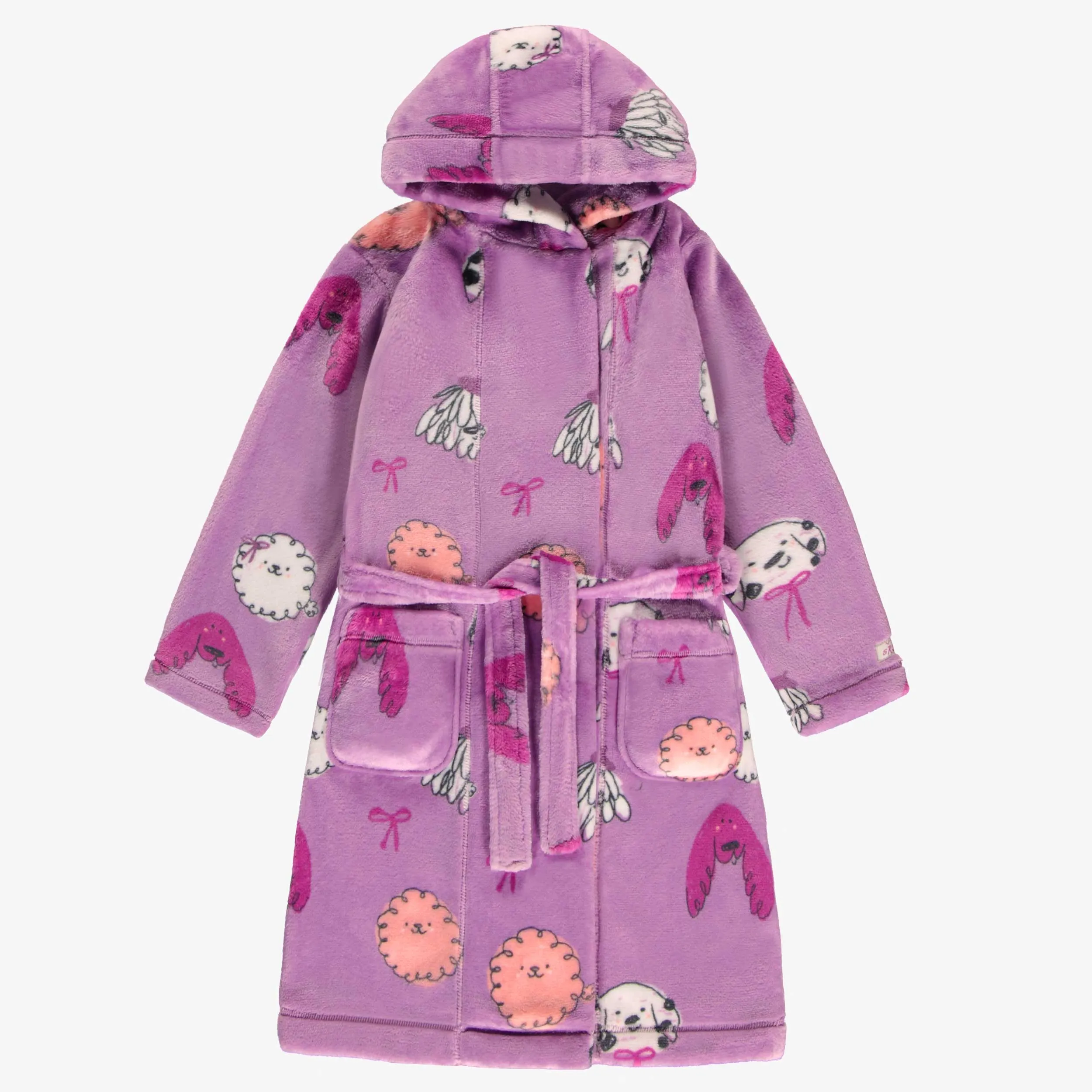 Robe de chambre mauve à motifs, enfant  || Purple plush robe with all over print, child