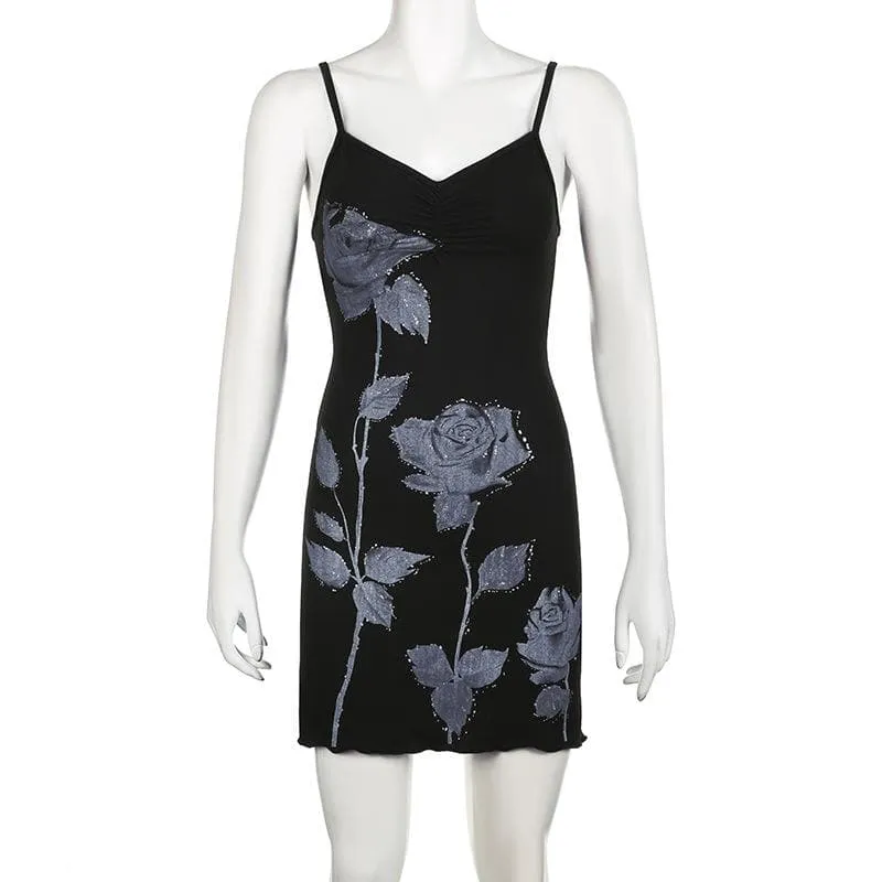 Rose pattern contrast v neck backless cami mini dress