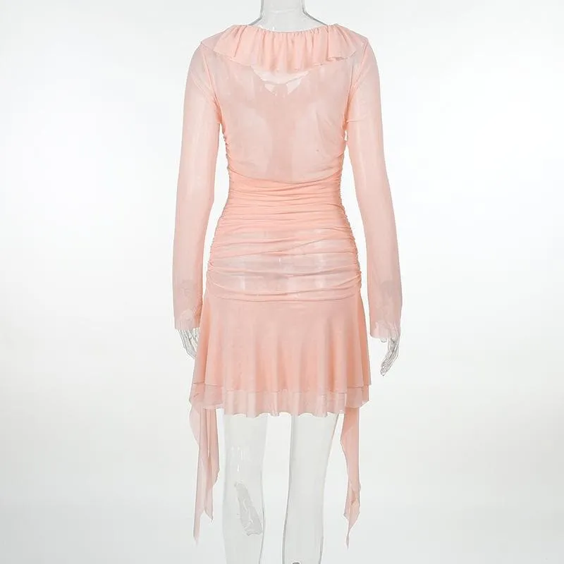 Ruffle solid self tie ruched long sleeve mesh mini dress