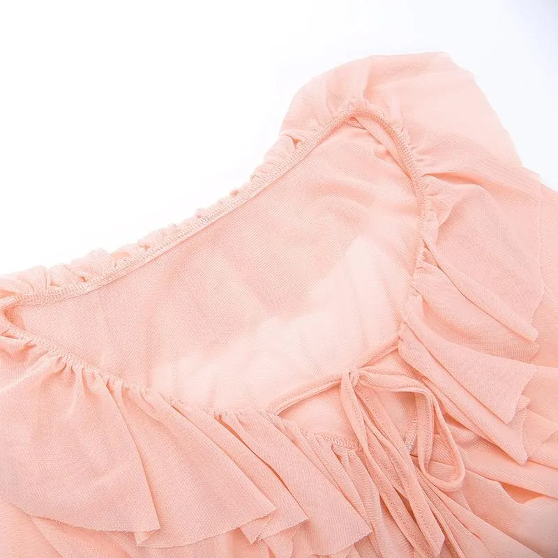 Ruffle solid self tie ruched long sleeve mesh mini dress