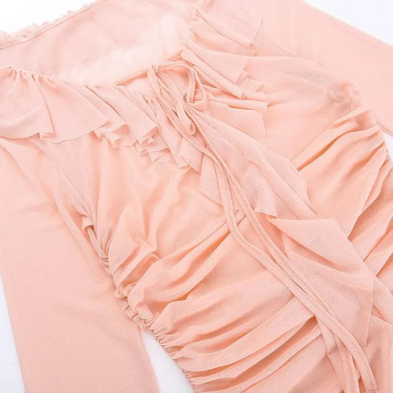 Ruffle solid self tie ruched long sleeve mesh mini dress