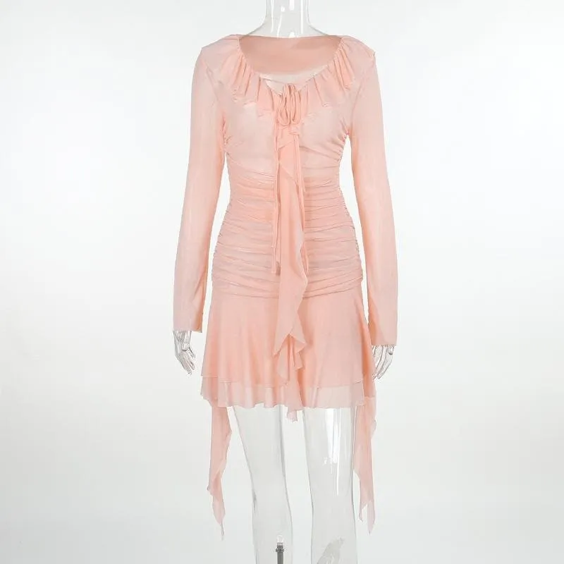 Ruffle solid self tie ruched long sleeve mesh mini dress