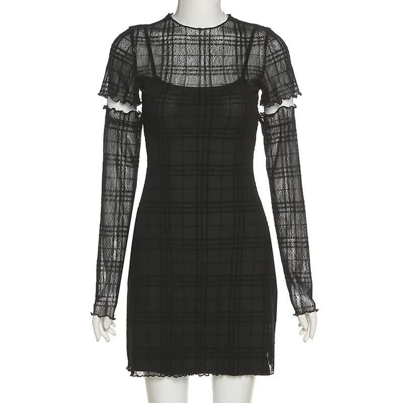 Ruffled mesh plaid long sleeve dress
