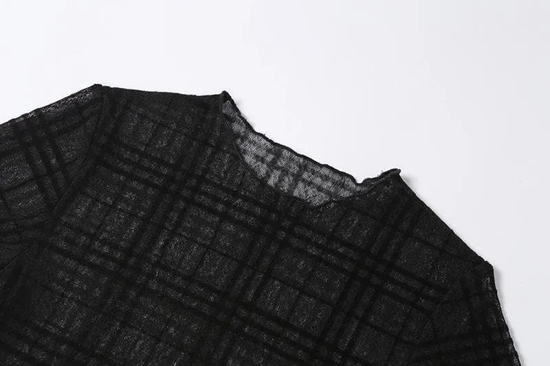 Ruffled mesh plaid long sleeve dress