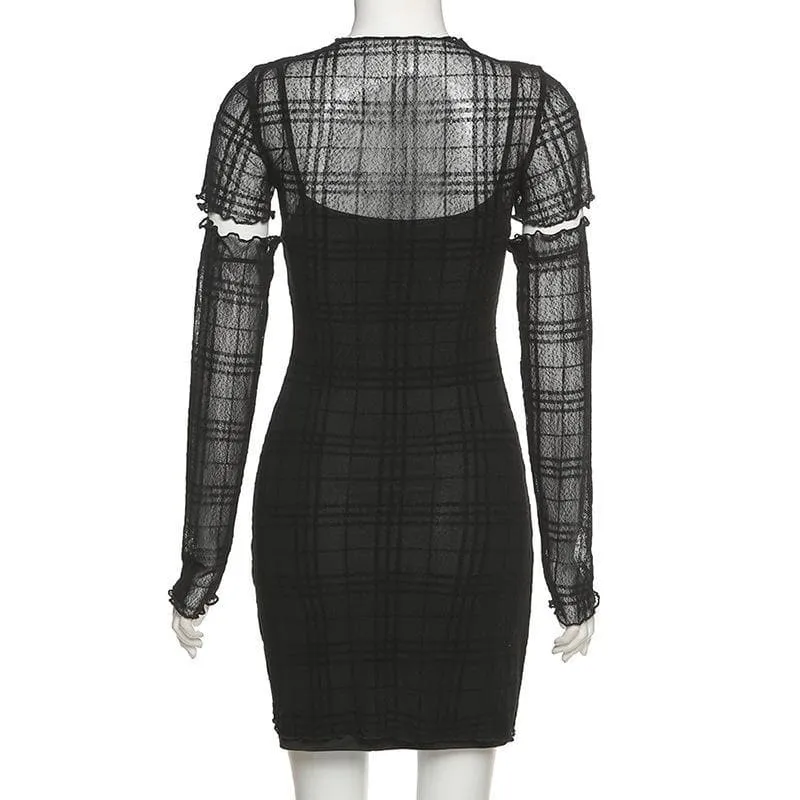 Ruffled mesh plaid long sleeve dress