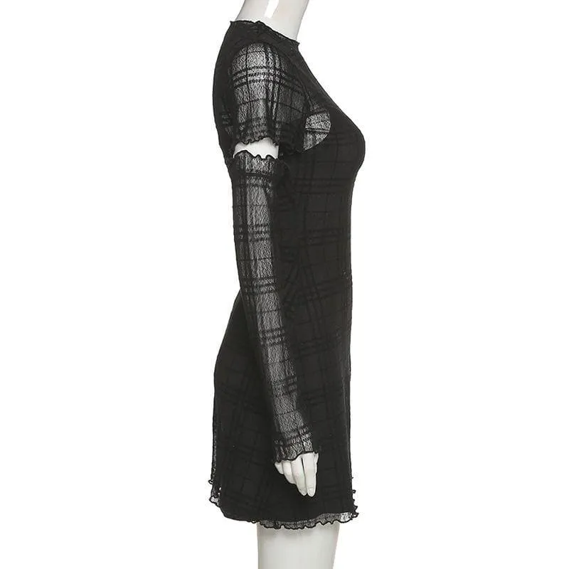 Ruffled mesh plaid long sleeve dress