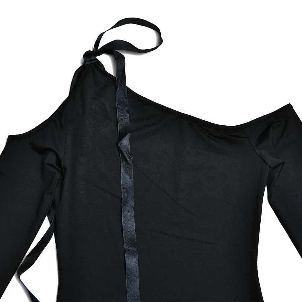 Self tie irregular one shoulder long sleeve solid mini dress