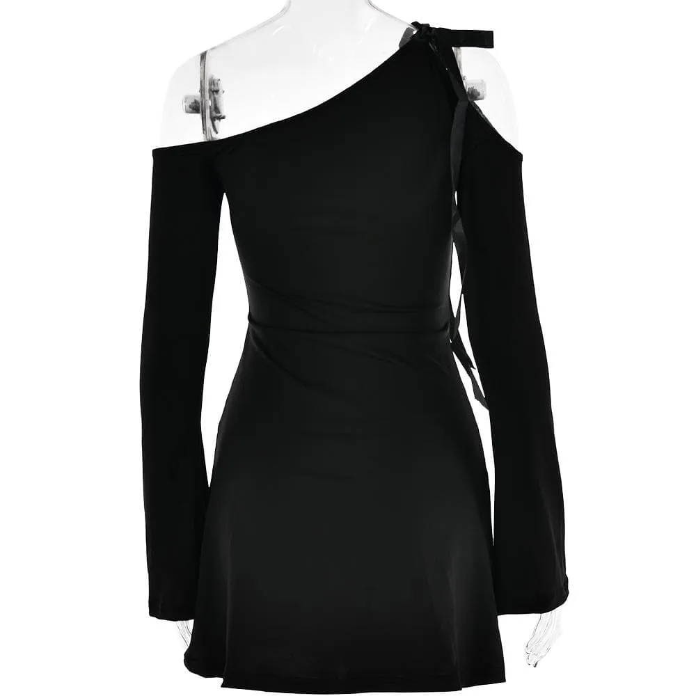 Self tie irregular one shoulder long sleeve solid mini dress