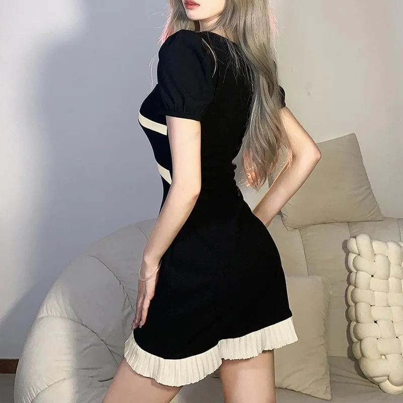 Short sleeve puff sleeve contrast ruffle irregular mini dress