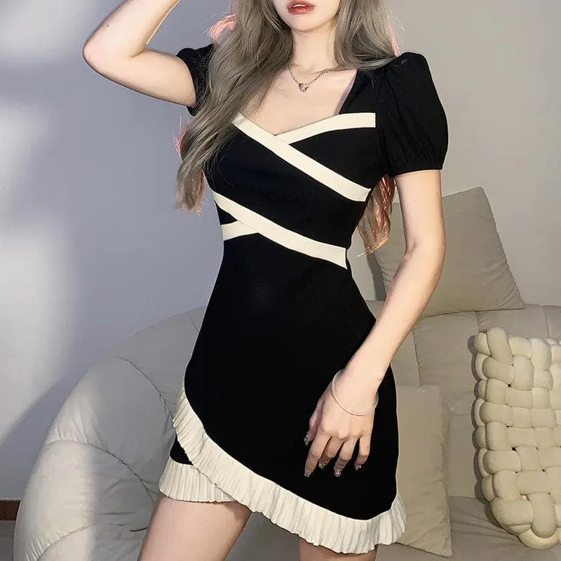Short sleeve puff sleeve contrast ruffle irregular mini dress