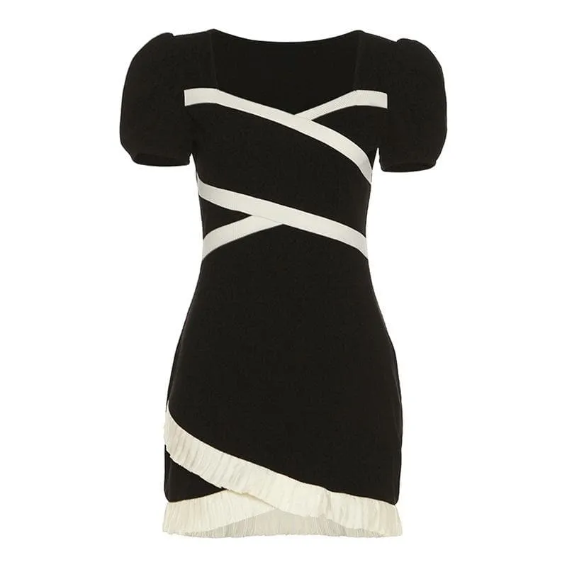 Short sleeve puff sleeve contrast ruffle irregular mini dress