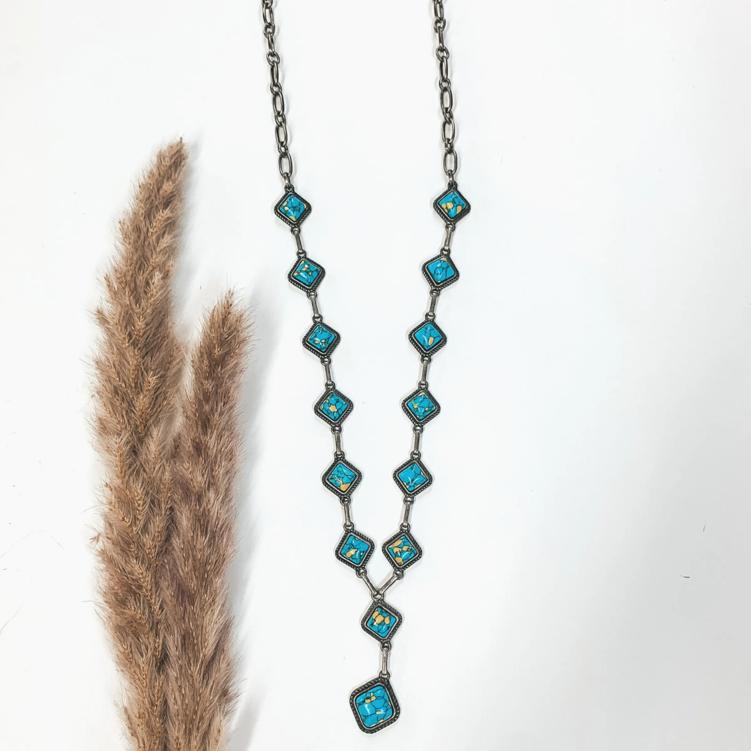 Silver Chain Necklace with Turquoise Square Stones