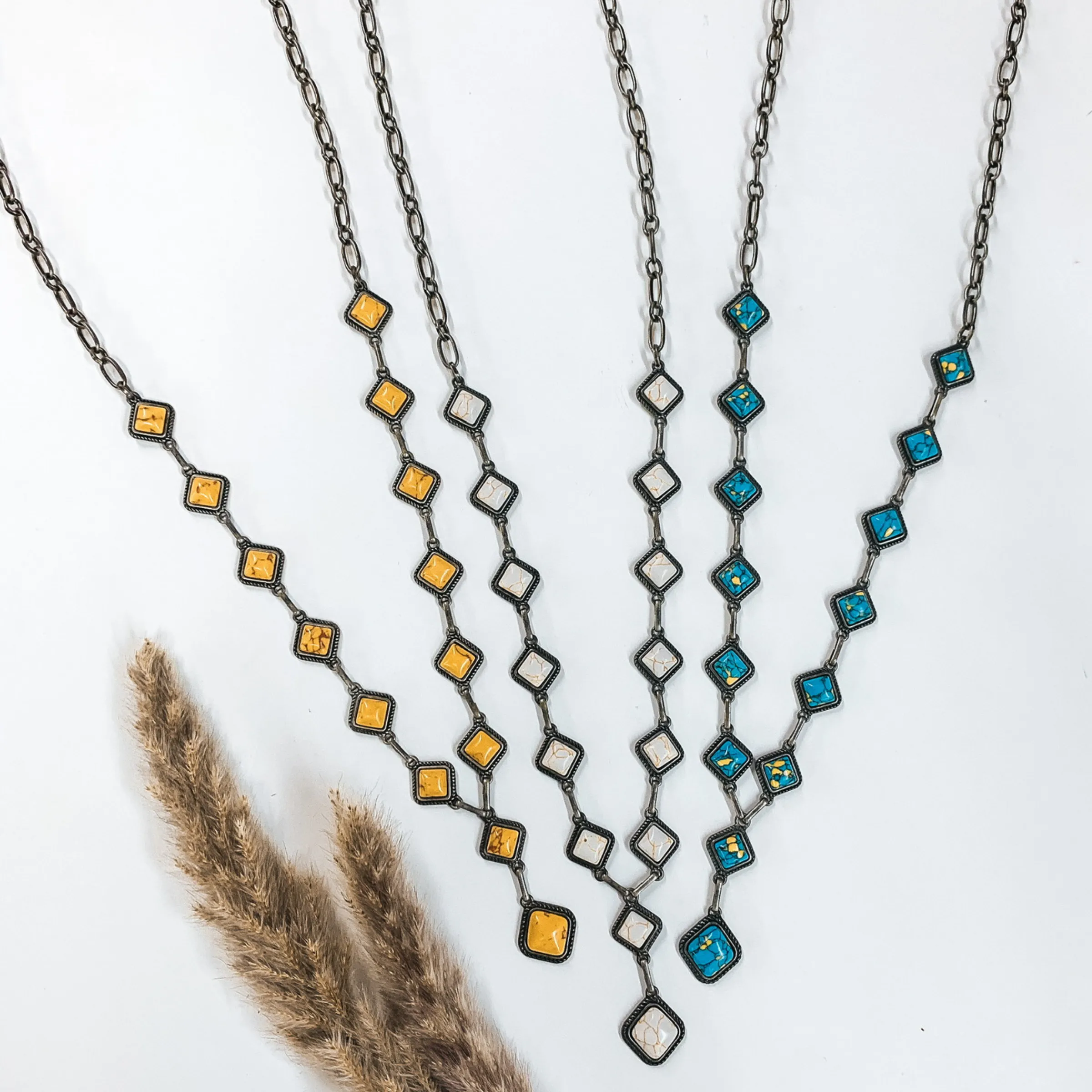 Silver Chain Necklace with Turquoise Square Stones