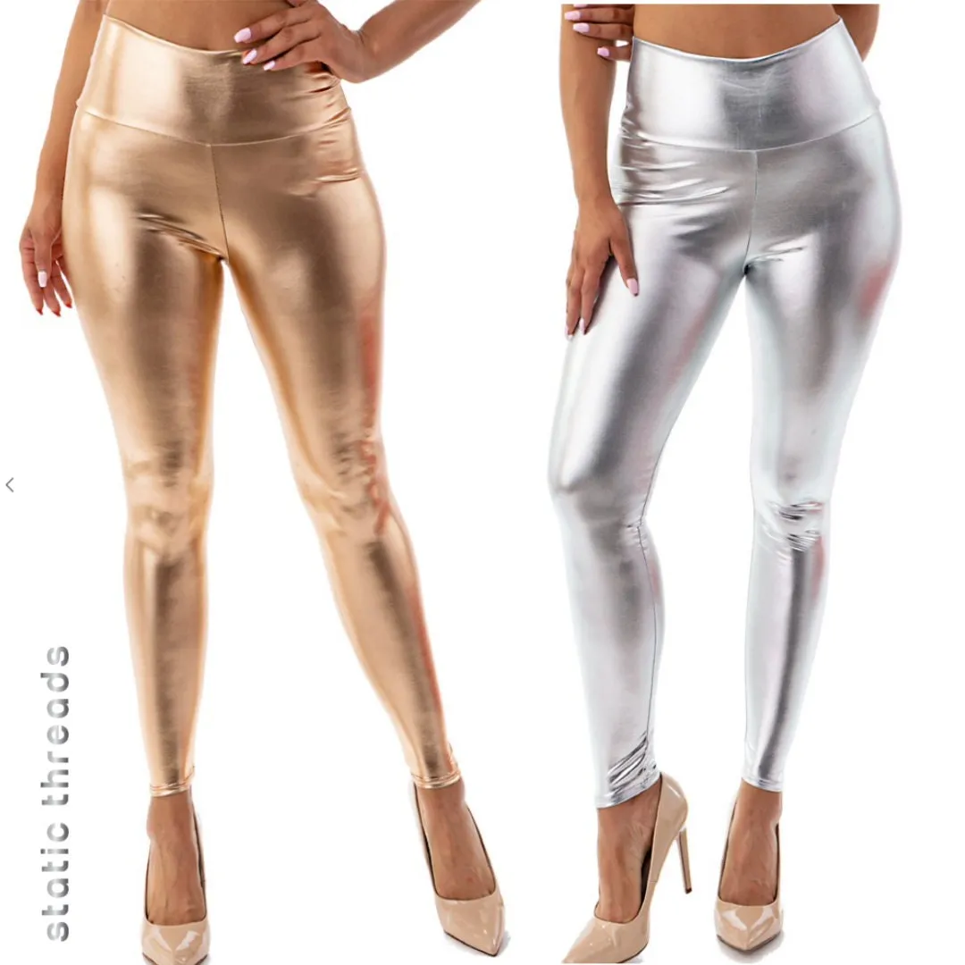 Silver High Waisted Leggings, Silver Leggings, Metallic Leggings