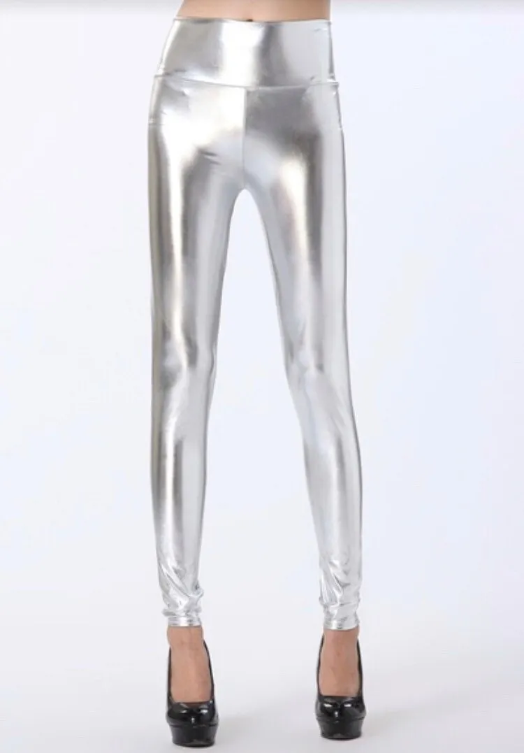 Silver High Waisted Leggings, Silver Leggings, Metallic Leggings