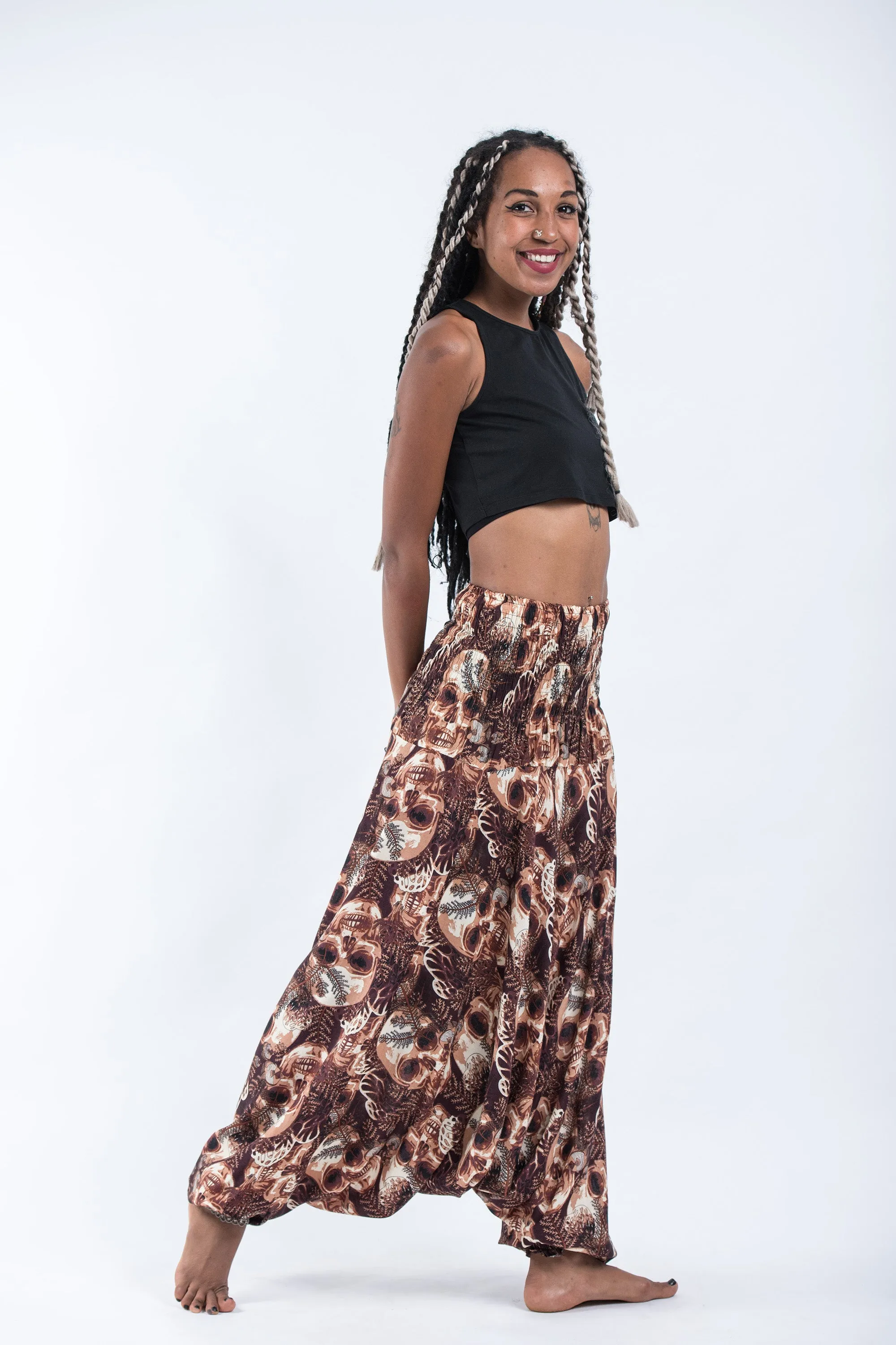 Skulls 2-in-1 Jumpsuit Harem Pants in Brown
