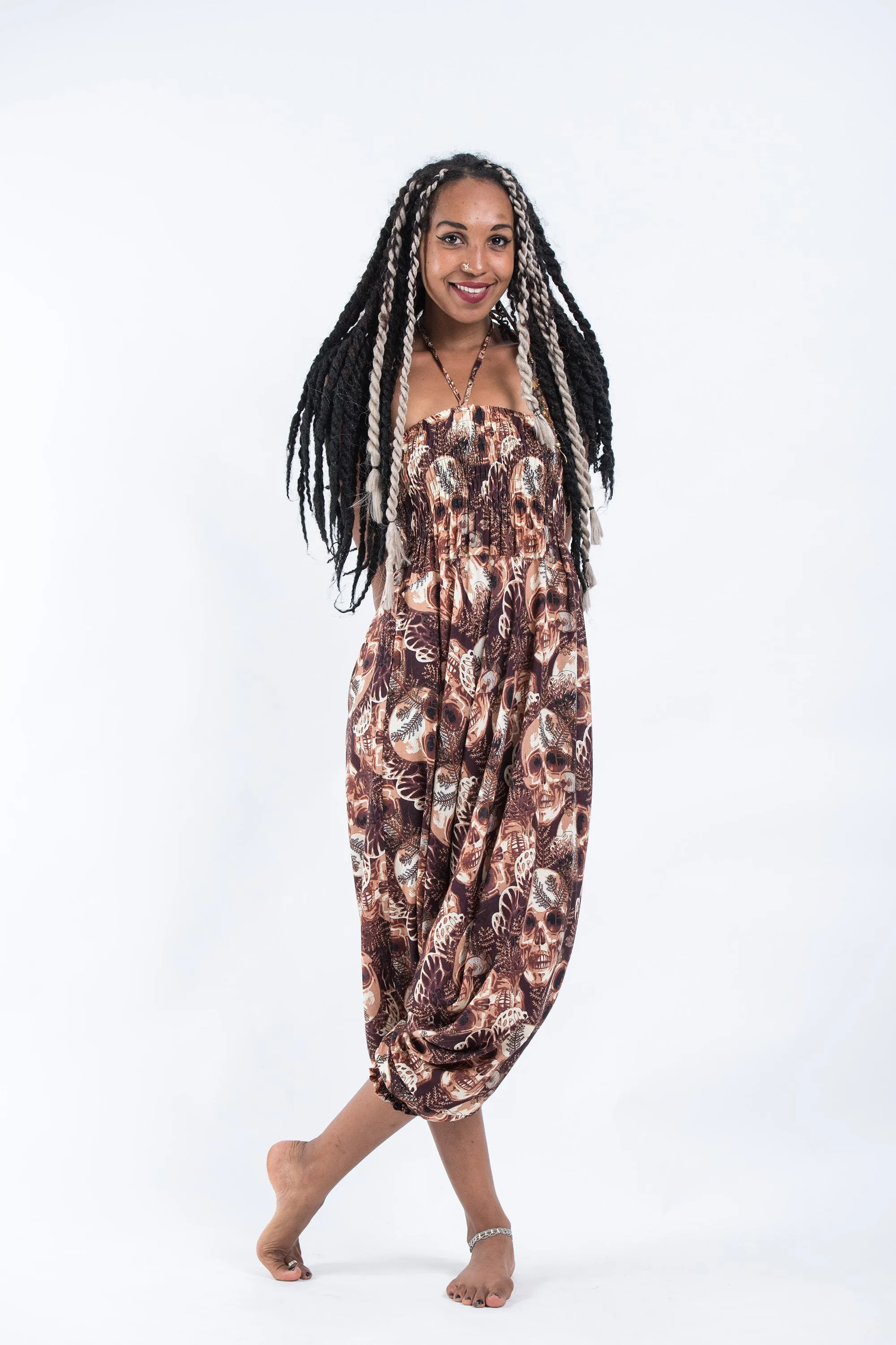 Skulls 2-in-1 Jumpsuit Harem Pants in Brown