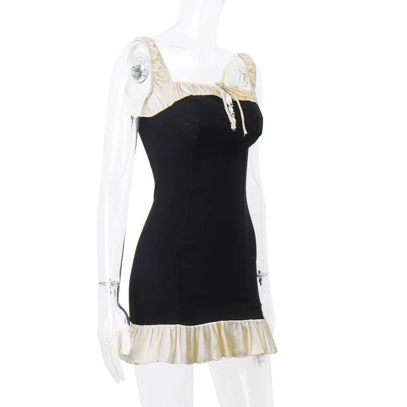 Sleeveless square neck ruffle patchwork contrast mini dress