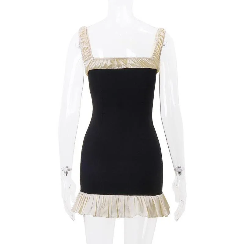 Sleeveless square neck ruffle patchwork contrast mini dress