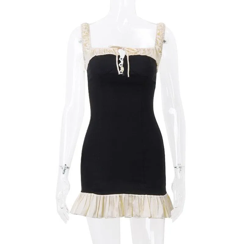 Sleeveless square neck ruffle patchwork contrast mini dress
