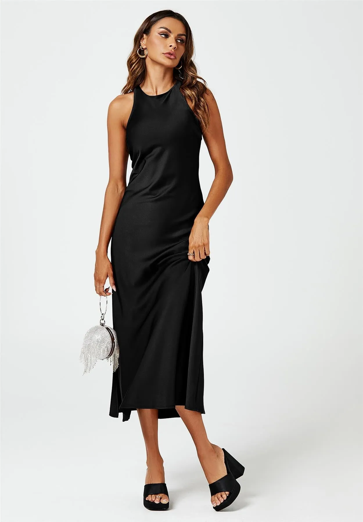Slim-Fit Satin Midi Dress In Black