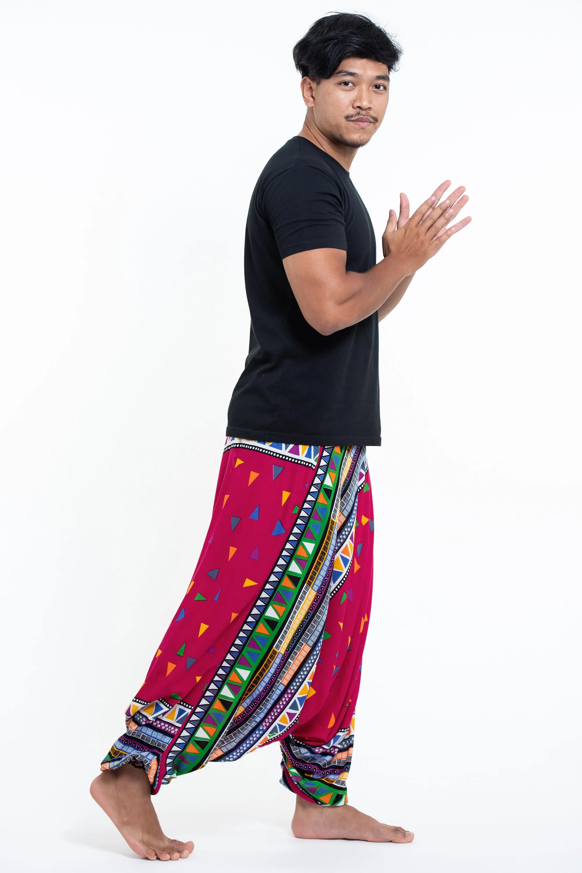 Triangles Drop Crotch Men's Harem Pants in Pink