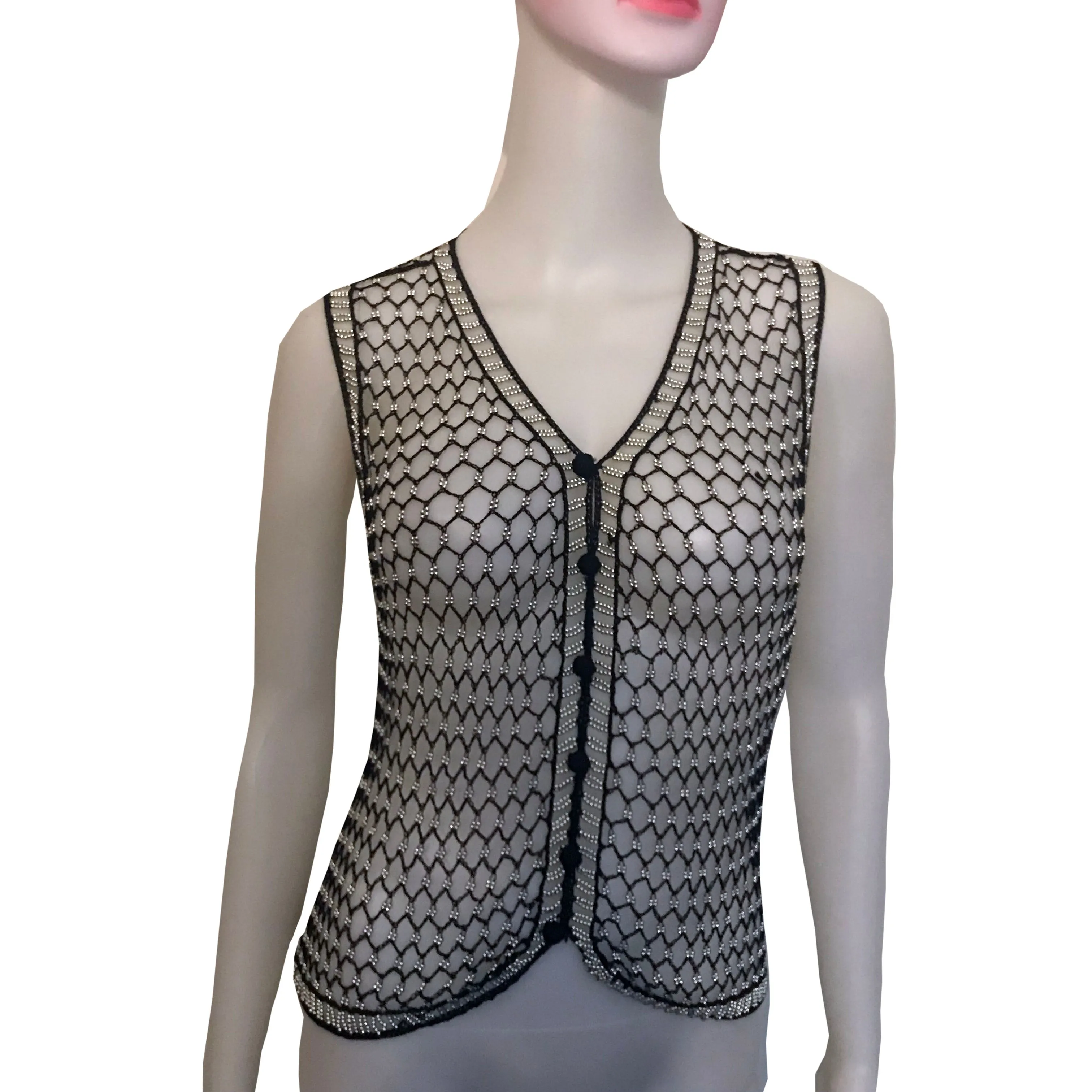 Vintage 1970s Beaded Crocheted Black Vest