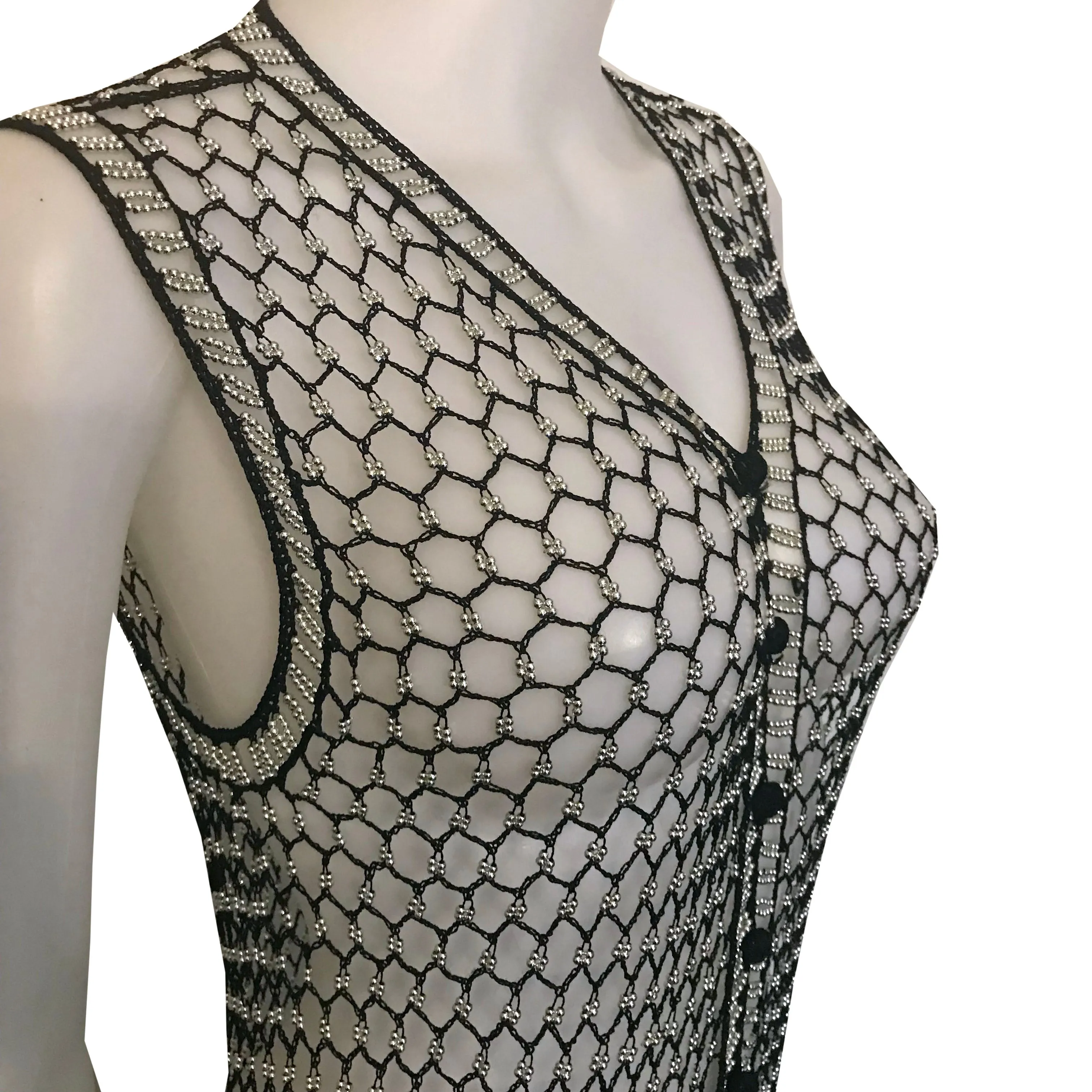 Vintage 1970s Beaded Crocheted Black Vest