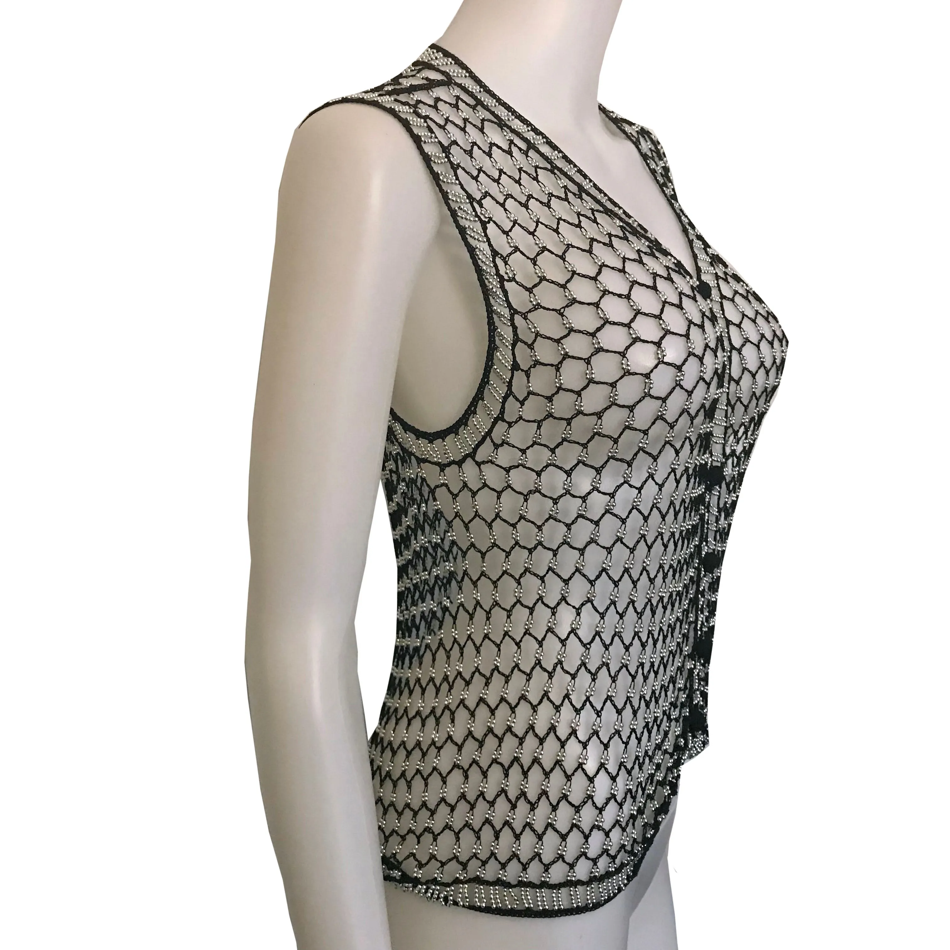 Vintage 1970s Beaded Crocheted Black Vest